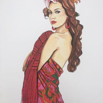 Painting titled "Mujer con mantón" by Andrés Ruiz, Original Artwork, Watercolor