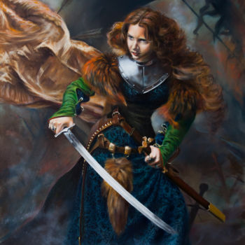 Painting titled "Shield-maiden" by Andrew Gusev, Original Artwork, Oil