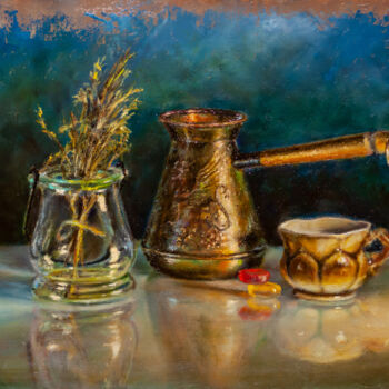Painting titled "Evening coffee" by Andrew Gusev, Original Artwork, Oil