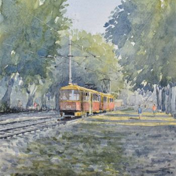 Painting titled "The Tram Home" by Andrew Lucas, Original Artwork, Watercolor