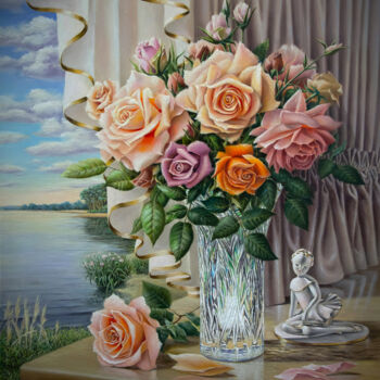 Peinture intitulée "Roses in a crystal…" par Andrey Goncharov, Œuvre d'art originale, Huile