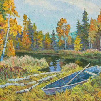 Painting titled "Boat on the River B…" by Andrey Ivanov, Original Artwork, Oil