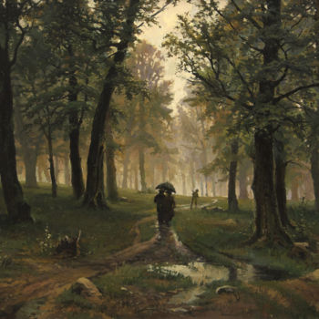 Pittura intitolato "Дождь в дубовом лесу" da Andrei Zhilov, Opera d'arte originale, Olio Montato su Telaio per barella in le…
