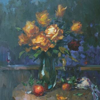 Painting titled "Night roses." by Andrey Lyssenko, Original Artwork, Oil Mounted on Wood Stretcher frame