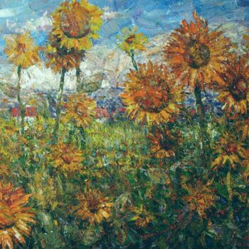 Painting titled "Sunflowers in the f…" by Andrey Lyssenko, Original Artwork, Oil Mounted on Wood Stretcher frame