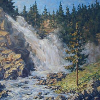 Painting titled "At the waterfall" by Andrey Lyssenko, Original Artwork, Oil Mounted on Wood Stretcher frame
