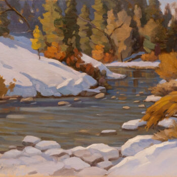 Painting titled "Rocky River" by Andrey Pingachev, Original Artwork, Oil Mounted on Cardboard