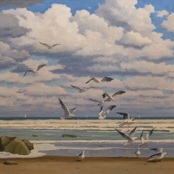 Pintura titulada "Seagulls" por Andrey Pingachev, Obra de arte original, Oleo Montado en Panel de madera