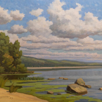 Painting titled "Sunny day at the la…" by Andrey Pingachev, Original Artwork, Oil Mounted on Cardboard