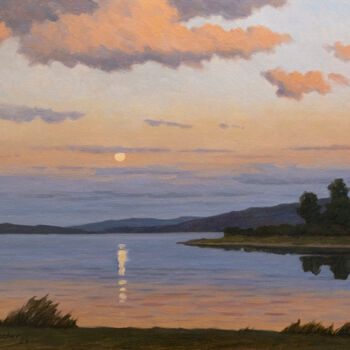Painting titled "Evening moon" by Andrey Pingachev, Original Artwork, Oil Mounted on Cardboard