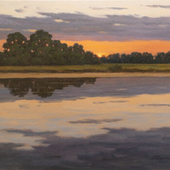 Painting titled "Sunset on the river" by Andrey Pingachev, Original Artwork, Oil Mounted on Cardboard