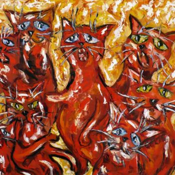 Peinture intitulée "Хор красных котов" par Andrei Sakhapov, Œuvre d'art originale, Huile Monté sur Châssis en bois