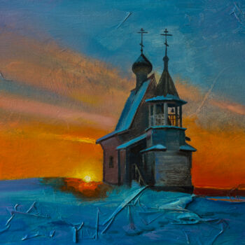 Картина под названием "Часовня на закате" - Андрей Яковлев, Подлинное произведение искусства, Масло