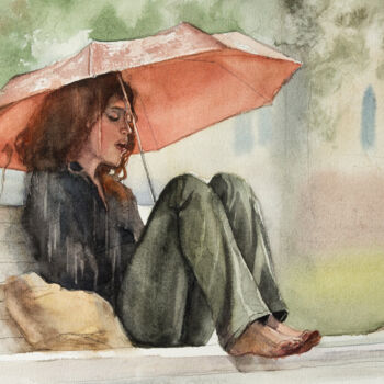 Картина под названием "Под красным зонтом" - Андрей Яковлев, Подлинное произведение искусства, Акварель