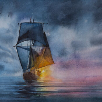 Картина под названием "Свет в парусах" - Андрей Яковлев, Подлинное произведение искусства, Акварель