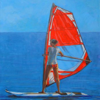 Painting titled "Windsurfing" by Andrey Epishin, Original Artwork, Tempera