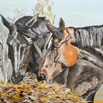 Pittura intitolato "Horses at the feeder" da Andrey Schukin, Opera d'arte originale, Acrilico