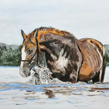 Malerei mit dem Titel "Horse on the river" von Andrey Schukin, Original-Kunstwerk, Acryl