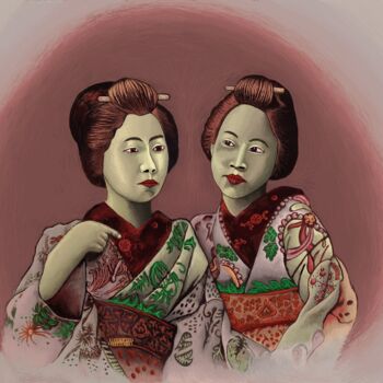 Digital Arts titled "Two Japanese women" by Andries De Jong, Original Artwork, Digital Painting