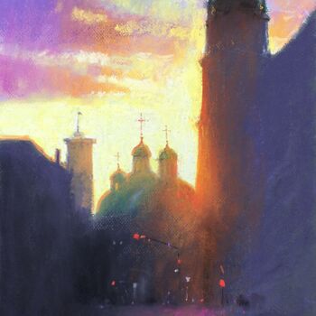 Zeichnungen mit dem Titel "City scene Sunset L…" von Andrii Kovalyk, Original-Kunstwerk, Pastell