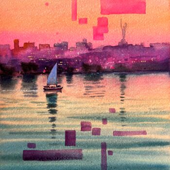 「View of evening Kyi…」というタイトルの絵画 Andrii Kovalykによって, オリジナルのアートワーク, 水彩画