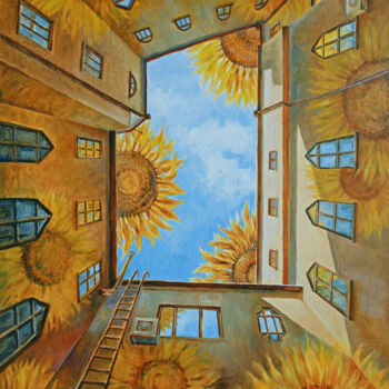 Malerei mit dem Titel "Sunflower Yard" von Andrii Zhukov, Original-Kunstwerk, Öl
