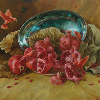 Pintura titulada "Pomegranate Birds" por Andrii Zhukov, Obra de arte original, Oleo