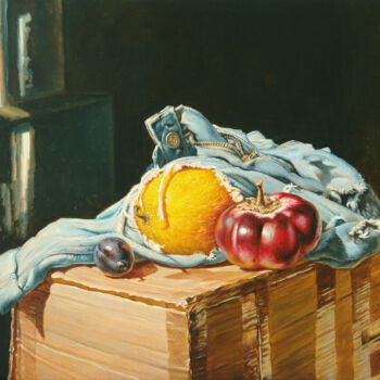Pittura intitolato "A Melon in Jeans" da Andrii Zhukov, Opera d'arte originale, Olio