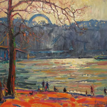 Painting titled "Dnipro river in Kiev" by Andriy Chebotaru, Original Artwork, Oil