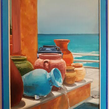 Painting titled "Pots, beach and sea" by Andriy Maslyanko, Original Artwork, Oil Mounted on Wood Stretcher frame