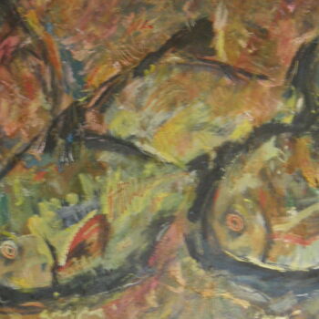 Schilderij getiteld "pięć ryb" door Andrzej Lawrenc (Eryk Maler), Origineel Kunstwerk, Olie