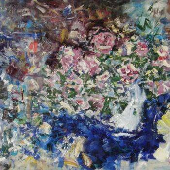 Schilderij getiteld "Kwiaty z niebieskim…" door Andrzej Lawrenc (Eryk Maler), Origineel Kunstwerk, Olie