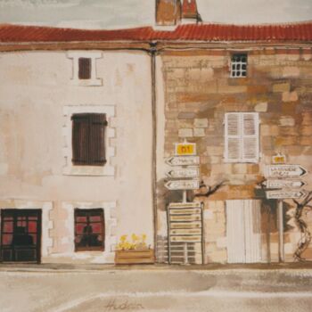 Painting titled "Old houses" by Andy Hudson, Original Artwork, Gouache Mounted on Wood Panel