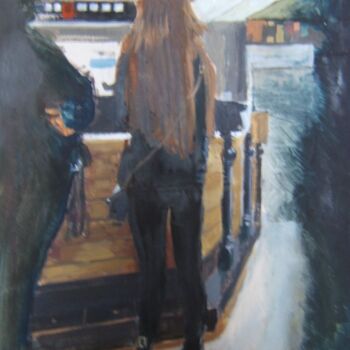 Painting titled "Long-haired girl at…" by Andy Hudson, Original Artwork, Oil Mounted on Wood Panel