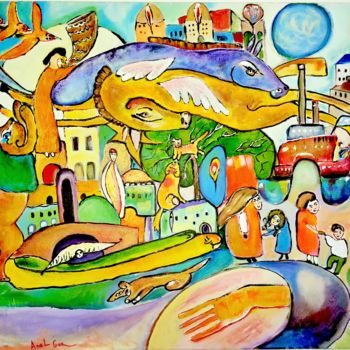 Schilderij getiteld "Haifa Jerusalem" door Anel Gur, Origineel Kunstwerk, Acryl Gemonteerd op Frame voor houten brancard