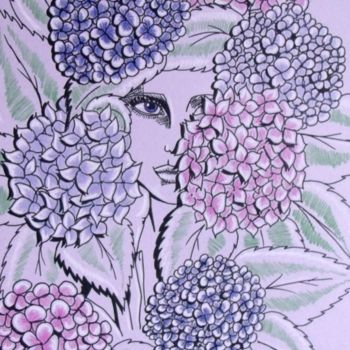 Dessin intitulée "Hortensias" par Angamaya, Œuvre d'art originale