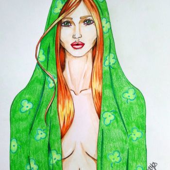 Dibujo titulada "Châle vert" por Angamaya, Obra de arte original