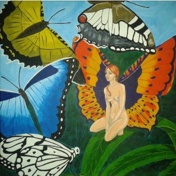 Painting titled "Papillons" by Angamaya, Original Artwork, Acrylic Mounted on Wood Stretcher frame