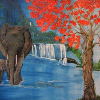 Painting titled "Paradis des Elephan…" by Ange, Original Artwork, Oil