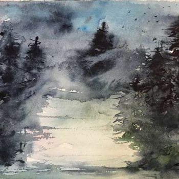 Painting titled "Bosco notturno" by Angela, Original Artwork, Watercolor