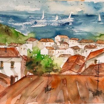 Painting titled "Vista mare" by Angela, Original Artwork, Watercolor