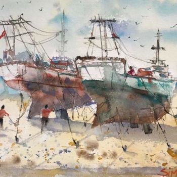 Painting titled "Boats" by Angela, Original Artwork, Watercolor