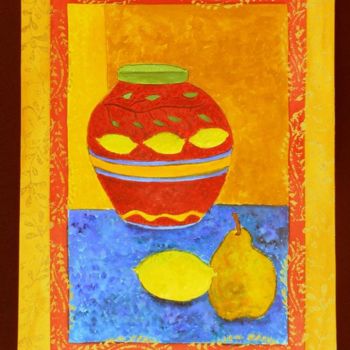 Painting titled "Red Pot With Pear a…" by Angela Nori, Original Artwork