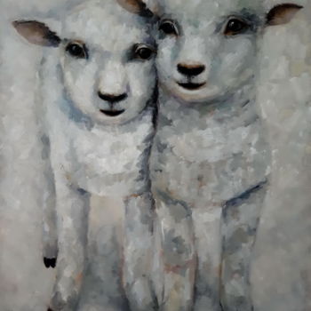 Painting titled "Lambs" by Angelia Lasnaia, Original Artwork, Oil