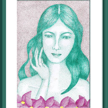 Desenho intitulada "moca-entre-as-flore…" por Angelica Trompieri, Obras de arte originais, Tinta