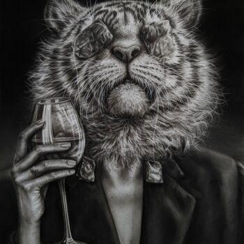 Painting titled ""Tigress relaxing"" by Angelika Lomako, Original Artwork, Charcoal