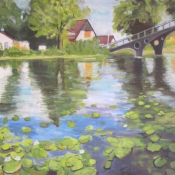 Painting titled "Water lilies at the…" by Angelika Scheibler, Original Artwork, Tempera