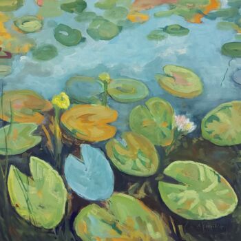 Painting titled "Water Lilies On The…" by Angelika Scheibler, Original Artwork, Tempera