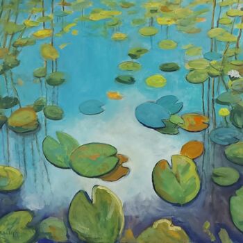 Painting titled "Water Lilies On The…" by Angelika Scheibler, Original Artwork, Tempera