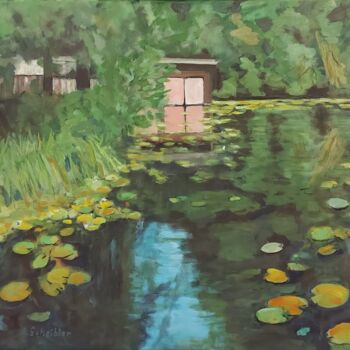 Painting titled "Boathouses On The R…" by Angelika Scheibler, Original Artwork, Tempera